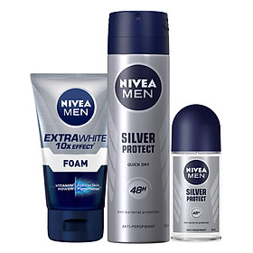 Bộ 3 sản phẩm Xịt và Lăn Ngăn Mùi NIVEA MEN Silver Protect Phân Tử Bạc Giảm 99.9% Vi Khuẩn Gây Mùi (150ml - 82959 & 50ml - 83778) & Sữa Rửa Mặt NIVEA MEN Làm Sáng Da (100G) - 88836