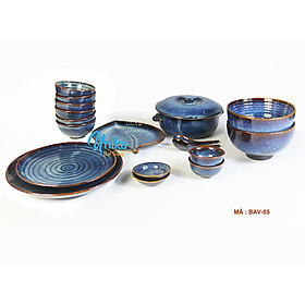 Bộ đồ ăn men xanh hỏa biến - Set đồ ăn Bax05 gốm Bát Tràng