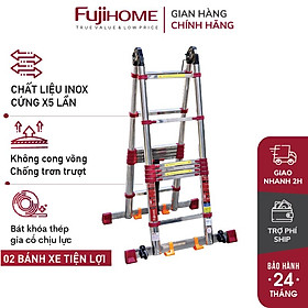 Mua Thang rút đôi chữ A INOX 5.6M nhập khẩu FUJIHOME TLA09IR  chốt khóa tự động an toàn  có bánh xe di chuyển tiện lợi - Hàng chính hãng