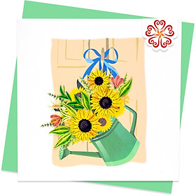 Bó hoa hướng dương cắm trong chậu tưới cây - Thiệp giấy xoắn 15 x 15 cm - Thiệp chúc mừng dành cho người yêu hoa