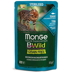 Pate cho mèo Monge Bwild - Pouches - Chunkies Sterilised Tuna With Shrimps and Vegetables (vị Cá ngừ, tôm và rau) 85gr