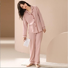 Bộ pizama dài tay nữ, cotton gân cao cấp, màu hồng pastel nhẹ nhàng, size m-2xl