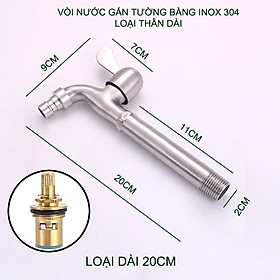 Vòi nước lạnh bằng inox 304 gắn tường thân dài 20cm-25cm tùy chọn (DN15 lắp cho ống D21)