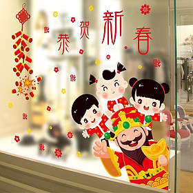 DECAL DÁN TƯỜNG HÌNH THẦN TÀI VÀ EM BÉ TRANG TRÍ TẾT