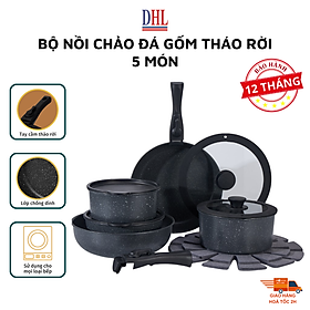Bộ nồi chảo đá gốm Mitomo chống dính cao cấp 5 món có tay cầm tháo rời, dùng cho mọi loại bếp - Hàng chính hãng