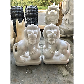 Mua Cặp tượng sư tử phong thủy gác cổng  để mộ đá cẩm thạch trắng - Cao 40 cm