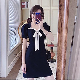 Đầm váy xanh đen phối trắng (kèm hình thật)