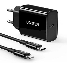 Ugreen UG50799CD137TK 20W bộ kit sạc nhanh PD và cáp USB type C ra Lightning MFI cho iPhone màu đen - HÀNG CHÍNH HÃNG