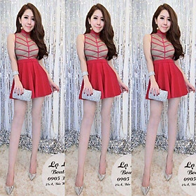 Đầm xòe sát nách phối lưới kiểu xương cá có lót quần trong