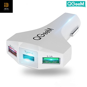 Củ sạc ô tô QGeeM USB C chuẩn Qualcoom QC 3.0 ba cổng sạc các thiết bị Type C - Hàng chính hãng