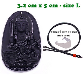 Mặt Phật Văn thù đá thạch anh đen 5 cm kèm vòng cổ dây dù đen - mặt dây chuyền size lớn - size L, Mặt Phật bản mệnh
