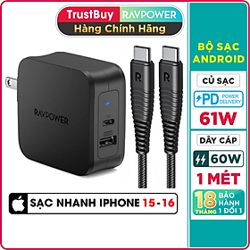 Mua Combo RAVPower Củ Sạc Điện Thoại USB Type-C 61W RP-PC105 + Dây Cáp Sạc Type C to Type C RP-CB047 - Hàng Chính Hãng
