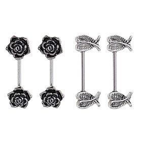 2 Pairs Stainless Steel Angel Wing Rose Nipple Ring Bar Shields Body Jewelry