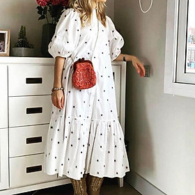 Fashion Women Dress Polka Dot Print Stand Collar Short Sleeve Button Casual Sweet Dress