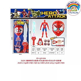 Bộ đồ chơi Spiderman: Phụ kiện gồm: Người nhện, Kiếm phát sáng, mặt nạ Siêu nhân... HERO ATTACK. Kích thước: Dài 64cm*Rộng 29cm