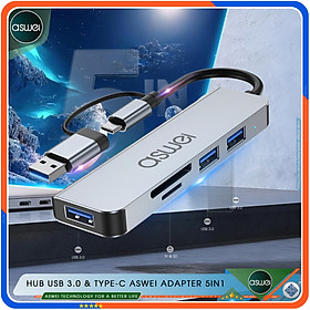 Hub Type C ASWEI 5 in 1 - Hub Chuyển Đổi USB Type-C 5 Trong 1 To Đầu Đọc Thẻ SD TF, USB 3.0 - Cổng Chia USB Tốc Độ Cao Dành Cho Macbook, Laptop, PC, Máy Tính Bảng, Điện Thoại - Hàng Chính Hãng