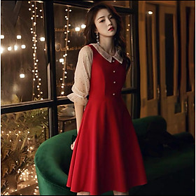 VÁY ĐẦM XÒE DỰ TIỆC MÀU ĐỎ CỔ VE TAY PHỐI LƯỚI ĐÍNH SAO MAY MẮN SIZE TỪ 40-70KG