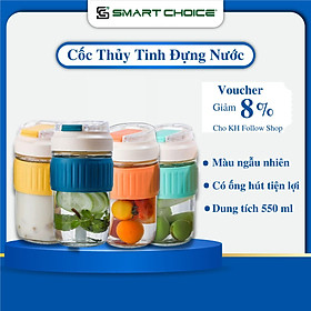 Bình Nước Thủy Tinh 500ml SMARTCHOICE, Cốc Nước Thủy Tinh Có Nắp Và Ống Hút Tiện Lợi , Giao Màu Ngẫu Nhiên