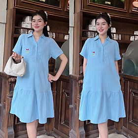 Đầm Bầu Công Sở Cổ Sơ Mi Phối Túi Thêu Phom Đuôi Cá Dễ Thương - Xanh dương