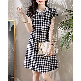 Đầm caro suông form A cổ viền ren hoa S.MLXL