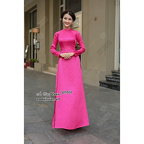 Áo dài hồng sen vải gấm hoa cúc tà A - kiểu áo dài có cổ 3cm, tay dài, vải co giãn - 200206