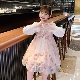 DONGSHOP Cô gái ăn mặc Xuân Thu 2023 phong cách phương Tây trẻ em ăn mặc mùa xuân lưới đỏ trung bé lớn công chúa Lolita váy