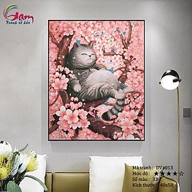 Mua Tranh tự tô màu theo số sơn dầu số hóa mèo mập ngắm hoa anh đào DV4013