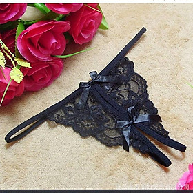 Quần lót ren hở mông buộc dây đính 1 nơ - Màu đen
