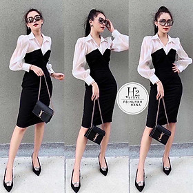 Đầm nữ dài tay cổ sơ mi Chất liệu umi phối voan