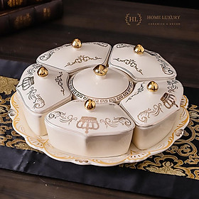 Mua KHAY SỨ TRÒN CÓ NẮP ĐẬY HOÀNG GIA CAO CẤP XOAY 360 ĐỘ KẺ VÀNG KIM CHO SẢNH PHÒNG KHÁCH - BIỆT THỰ ĐỰNG BÁNH KẸO 2023