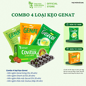 Combo 4 sản phẩm kẹo Genat - Kẹo thảo mộc Covitux (Hộp 30v), Gezcol , Genat Gừng, Genat chanh sả (túi 20v)