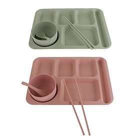 2Pcs Food Storage Plate Container Divided Serving Tray w/ Bowl Spoon Chopsticks