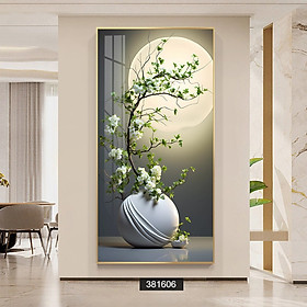 Tranh treo tường tráng gương bình hoa trắng tranh khổ dọc bo viền trang trí decor phòng khách(kèm đinh treo)