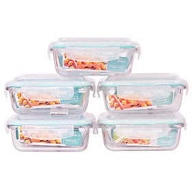 Mua Bộ 5 Hộp Thủy Tinh Chịu Nhiệt Nắp Gài Hình Chữ Nhật Glass Happy Cook HCG-037R*5 (370ml / Hộp)