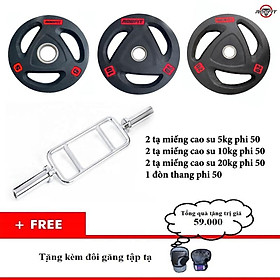 Combo đòn tạ hình thang phi 50 + 70kg tạ miếng cao su phi 50 (2 miếng 5kg, 2 miếng 10kg, 2 miếng 20kg) + găng tay