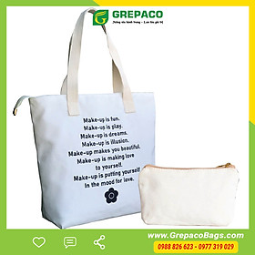 Hình ảnh Túi Tote Nữ Grepaco Xách Vải Bố Canvas Cao Cấp In Chữ Đẹp Đeo Chéo Vai Có Khóa Kéo Nhiều Ngăn Dùng Đi Học, Làm Công Sở, Du Lịch Phong Cách Thời Trang Hàn Quốc - Tặng Túi Đựng Mỹ Phẩm