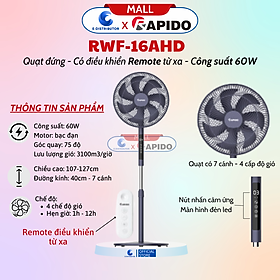 Quạt đứng Rapido RWF-16AHD (Điều khiển từ xa) - Có Chức Năng Điều Khiển Remote Từ Xa - Hàng Chính Hãng - Bảo Hành 12 Tháng