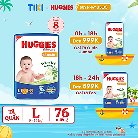 Tã/bỉm quần HUGGIES SKINCARE gói SUPER JUMBO size L 68+8 miếng