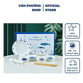 Bộ bát đĩa 14 món hoa văn Nhật Bản cao cấp Vân Phương Shop - Hàng chính hãng