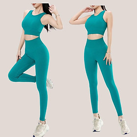 SET ĐỒ NỮ TẬP GYM YOGA CHẤT VẢI DỆT THUN TĂM LOẠI 1 ( ÁO ĐÃ CÓ MÚT CHỐNG SỐC ) - xanh, xanh