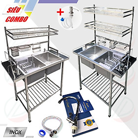 COMBO Chậu Inox 2 Hộc Có Chân Kèm Kệ Úp Chén Đa Năng - Gồm chậu 2 hộc, chân, kệ chén 1 tầng hoặc 2 tầng, vòi Luxta lạnh, tặng rổ rút, dây cấp, keo lụa