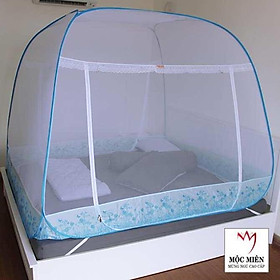 Mua Màn chụp   Mùng chụp tự bung cao cấp Mộc Miên đỉnh rộng - Viền chân hoạ tiết hoa lá Trắng Viền Xanh ( Hà Nội )