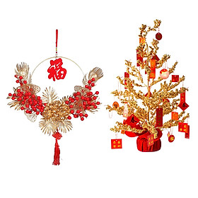 Chinese Lucky Tree with Greetings Ornament and Spring Festival Wreath Decor
