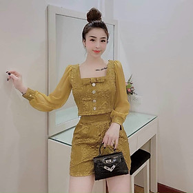 Set đùi gấm phối voan tay dài thời trang