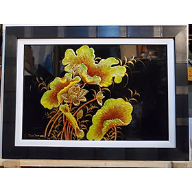 TRANH SƠN MÀI ĐẮP NỔI THẾP VÀNG BẠC - HOA SEN VÀNG