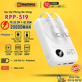  Pin Sạc Dự Phòng Không Dây Từ Tính Remax RPP-519 20000mAh Tích Hợp Kèm 2 Cáp Sạc Nhanh PD 22.5W - Hàng Chính Hãng Remax