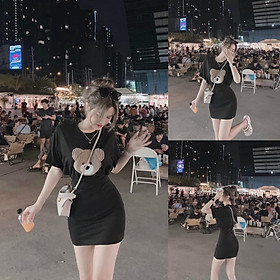 Đầm váy nữ body họa tiết gấu thêu cute dành cho các nàng đi chơi, dạo phố siêu xinh