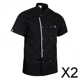 2xWomen Men Chef Jackets Coat Short Sleeves Shirt Kitchen Uniforms Black XL
