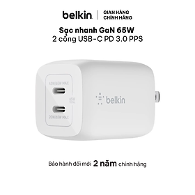 Sạc BOOST↑CHARGE PRO GaN Belkin 65W - 2 cổng USB-C PD 3.0 PPS WCH013 - Hàng chính hãng