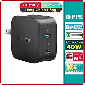 Adapter Củ Sạc 40W 2 Cổng Type C PD 3.0 & QC 3.0 Nhỏ Gọn RAVPower RP-PC152 - Hàng Chính Hãng